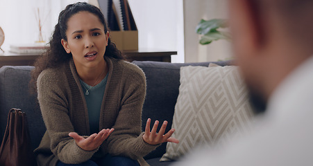 Image showing Therapy, mental health and woman talking to a therapist about stress, depression and anxiety during consultation. Psychology, communication and girl with a psychologist for help with mind and problem