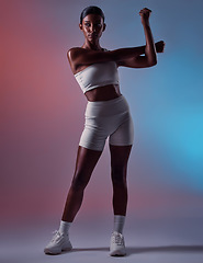 Image showing Stretching, arms and woman thinking of fitness, exercise and motivation against a studio background. Thinking, training and warm up by a girl with an idea for training, workout and sports performance