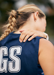 Image showing Shoulder pain, sports injury and emergency of netball woman, athlete and stress of body workout or training exercise. Back pain, first aid accident and joint pain, body muscle problem or fitness risk