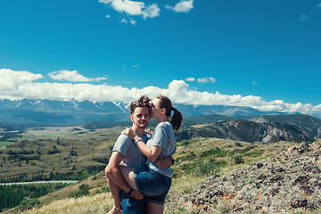 Image showing Loving couple together on mountain