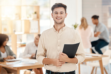 Image showing Happy, man and portrait in office with documents ready for financial work strategy presentation. Smile, excited and optimistic finance worker holding professional report and notes in workplace.