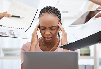 Image showing Stress, burnout and overworked employee with documents give her headache from chaos, confusion and corporate overload. Black woman at work, overwhelmed office employee and managing anxiety and panic