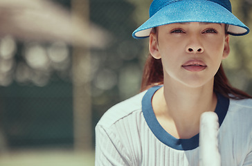 Image showing Tennis player face, fitness and woman athlete on playing sports, match or games with tennis racket in Colombia outdoor. Tennis court girl with vision, focus and mindset in training to win competition