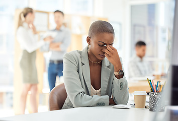 Image showing Black woman, headache or stress at desk in busy office, marketing agency or advertising company with target goals fail. Worker or employee with anxiety, burnout and mental health in creative business