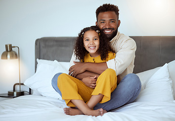 Image showing Father daughter, bed embrace for black family and bedtime portrait for bonding love, parent care and happiness. Dad, girl child smile and home bedroom for black man, holding kid or night hug in house