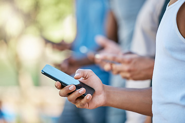 Image showing Hands, phone and social media for sports in communication, texting or chatting in the outdoors. Hand of man in social networking, online conversation or discussion while browsing on mobile smartphone