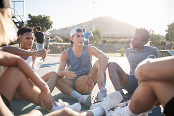 Image showing Basketball, team and friends in social conversation for sports, exercise or training in the outdoors. Athletic men in sport meeting, collaboration or communication and relaxing together on the court