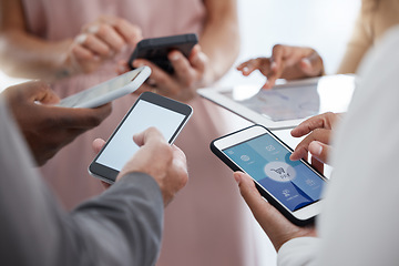 Image showing Hands, phone and collaboration in networking, marketing or communication together with technology at office. Group hand of business people working in social media with mobile devices at the workplace