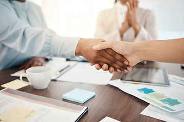 Image showing Business people, handshake and b2b for meeting, planning or partnership in agreement at the office. Employee workers shaking hands for business strategy, deal or collaboration at the workplace