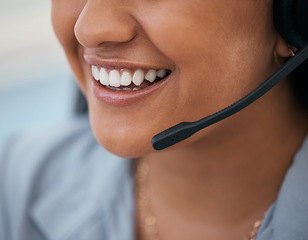 Image showing Mouth, smile and headset of customer service, telemarketing and call center worker talking, consultant and communication. Happy consulting employee working with crm support, contact us and help desk