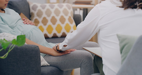 Image showing pregnant woman, consulting and nurse on sofa in medical health center. Young female, new mother support and surgery healthcare insurance worker communication with patient or pregnancy treatment care