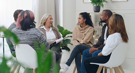 Image showing Diversity, mental health and group therapy counseling support meeting, healthy conversation and wellness. Psychology counselor, psychologist help people and talk about anxiety, depression or stress