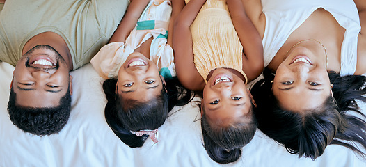 Image showing Family, happiness and bedroom playing of mother, father and girl face at home. Portrait of happy parents and children smile in a parent of kid room feeling love, fun and care in a house on a morning