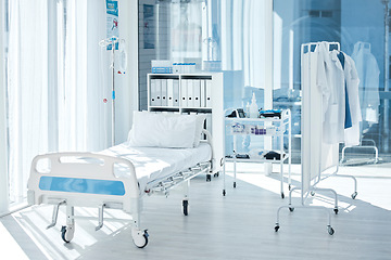 Image showing Backgrounds of empty patient room, bed and private healthcare facility, hospital and medical center of consulting, healing and rehabilitation. Furniture interior, clinic bedroom and health care space