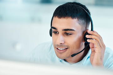 Image showing Man, telemarketing and call center agent for corporate insurance company. Young consulting employee, crm customer service or contact us help desk consultant online headphone communication in office