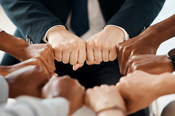 Image showing Fist, diversity and solidarity, support and collaboration, team trust and community in workplace. Business people, partnership and fist bump, team building and agreement while working together.