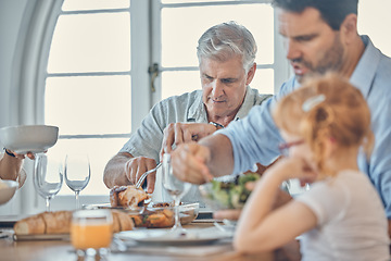 Image showing Eating, dining room and senior man with his family enjoying a meal together in their modern house. Father, girl child and grandfather in retirement having food at celebration dinner, lunch or event.