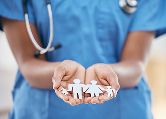 Image showing Family nurse, doctor and woman hands with paper dolls to show children healthcare insurance. Hospital, medical and kids cardiology worker with helping hand support gesture cutout for clinic care
