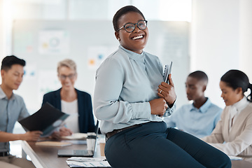 Image showing Leader, ceo and manager happy with team development, planning and leadership in a marketing and advertising office. Portrait of a black woman smile in business meeting with work group in training