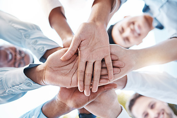 Image showing Team building, diversity or hands in circle for teamwork, motivation or success, mission goals or company about us. Zoom of business people hand for support, trust or global community collaboration