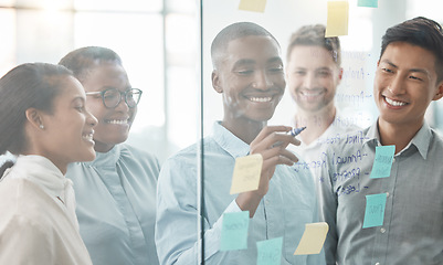 Image showing Business people, diversity and planning in collaboration with sticky notes for teamwork at office. Diverse group of creative employee workers in strategy, post it or brainstorming for project tasks