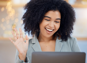 Image showing Video call, laptop and a wave, black woman on with smile talking and smiling in office. Technology, communication and connection, relax and chat with advice and networking for freelance advisory job.