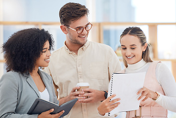 Image showing Teamwork, collaboration and marketing team talking about kpi report document with pride for growth, development and achievement. Diversity of women and man happy about startup success on project