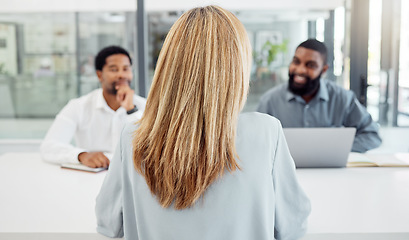 Image showing Recruitment, meeting and woman in a job interview with human resources or hr management team in an office. Hiring, managers or business people talking, speaking and searching for a new employee