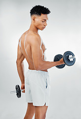 Image showing Fitness, health and sports, man with dumbbells in weight training wellness workout, muscle building and strength. Exercise, gym and bodybuilder weightlifting for muscles, body and healthy lifestyle.