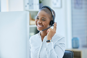 Image showing Call center, communication and consulting with black woman at desk for telemarketing, customer support and contact us. Phone call, 5g and kpi with employee at computer in office for crm and help