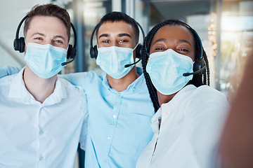 Image showing Covid, selfie and call center masks on face of happy staff for pandemic protection at telemarketing company. Customer service support, group portrait and covid 19 staff working in CRM business office