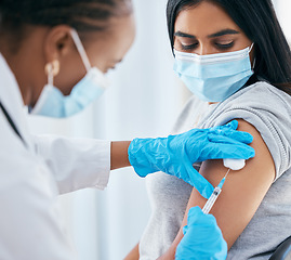 Image showing Healthcare, covid vaccine injection and woman with doctor with surgical gloves in hospital or clinic. Healthcare, medical insurance and vaccination innovation, global infection safety in medicine.