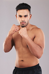 Image showing Fist, fight and portrait of an athlete in a studio for sports, MMA or martial arts training. Fitness, defense and strong fighter ready to do a boxing exercise or workout isolated by a gray background