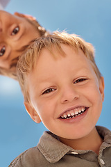 Image showing Happy, child and boy face in summer with a smile feeling happiness outdoor ready to play. Portrait of children, kids and youth faces together in nature of friends or siblings smiling with energy