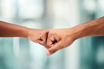 Image showing Teamwork, fist bump and greeting of people together for partnership, collaboration and agreement to deal while in office. Hands of man and woman friends celebrate support, trust and power of team