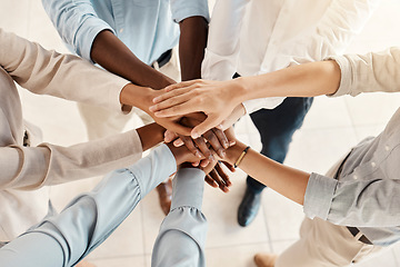 Image showing Hands, team with support and solidarity, diversity with business people, collaboration and trust in the workplace. Community, team building and working together, office teamwork and partnership.