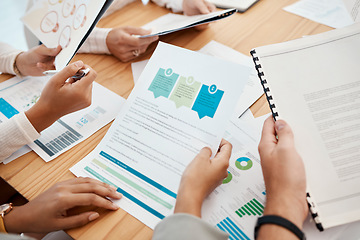 Image showing Business, meeting and planning with paperwork and data, team with legal document and project analysis, chart and graph. Contract, deal and corporate planning with strategy figure and collaboration.