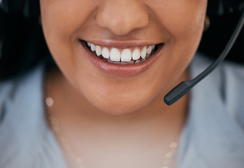 Image showing Smile, happy call center black woman with headphone consulting, telemarketing or telecom success deal. Customer service, employee or face of smiling girl for contact us, networking or hotline support