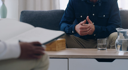 Image showing Patient, mental health and consulting psychologist, therapy and healthcare, counseling and support for depression, anxiety and stress in medical office. Depressed man talking to psychology therapist