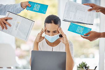 Image showing Stress, covid and business woman with paperwork in hands, laptop and document information for global company kpi review. Headache, burnout and covid 19 policy or compliance of Human Resources manager