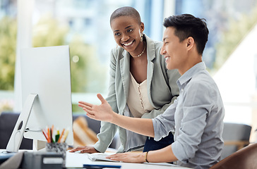 Image showing Asian businessman, black woman or computer help in digital marketing startup, advertising agency or creative office. Smile, happy or collaboration teamwork with technology in growth strategy planning