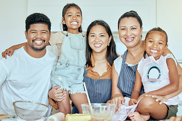 Image showing Family, generations and baking, happy in the kitchen, together and learning for skill development and spending quality time. Father, mother and grandmother with children bonding, smile in portrait.