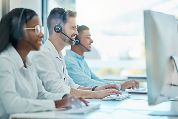 Image showing Call center team, telemarketing and computer consulting, crm contact us and customer support, service and advice. Happy salesman working with consultant group on desktop, communication and web help