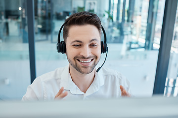 Image showing Customer support, CRM or call center man employee with smile for success customer service, help or support in office. Sales advisor, networking or consultant for contact us or insurance telemarketing