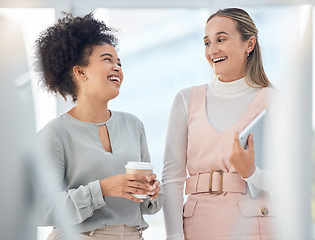 Image showing Business women, friends and employees laughing for funny conversation, motivation and happiness on coffee break in modern office. Happy, diversity and comic staff smile, comedy and talking in agency