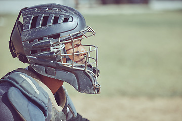 Image showing Sports, fitness and baseball catcher with helmet on diamond in stadium or park in summer sun. Game, sport and baseball player man in uniform waiting to catch ball on grass field at competition event.