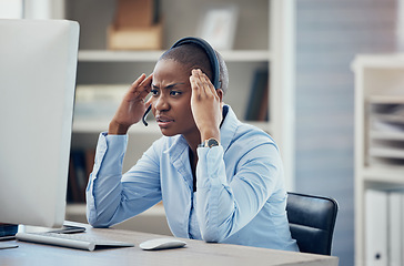 Image showing CRM, stress or customer support black woman with PC headache from stock market anxiety, depression or financial crisis in office. Contact us, girl or customer service woman with telecom mental health