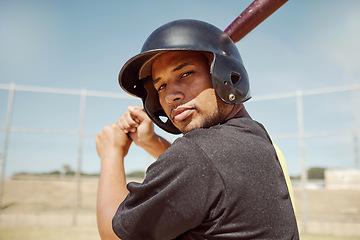 Image showing Sports portrait of athlete baseball player with bat for power strike, hit or swing in club competition, game or practice match. Softball motivation, winner mindset and man ready for field training