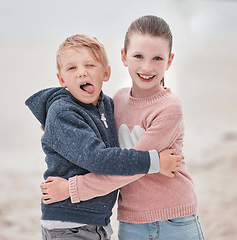 Image showing Smile, brother and sister with hug, happy and embrace being cheerful, fun and laugh together on summer break. Portrait, siblings or content being silly, goofy or outdoor for play, joyful or happiness