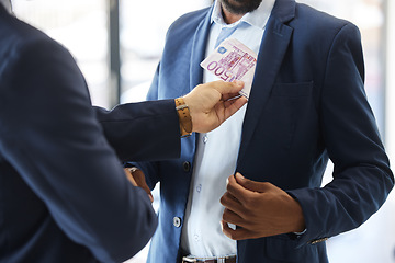 Image showing Bribe handshake, dollar or businessman with cash, money or euro for finance, illegal partnership bribery. Business people, politician shaking hands or money laundering scam payment or corporate fraud